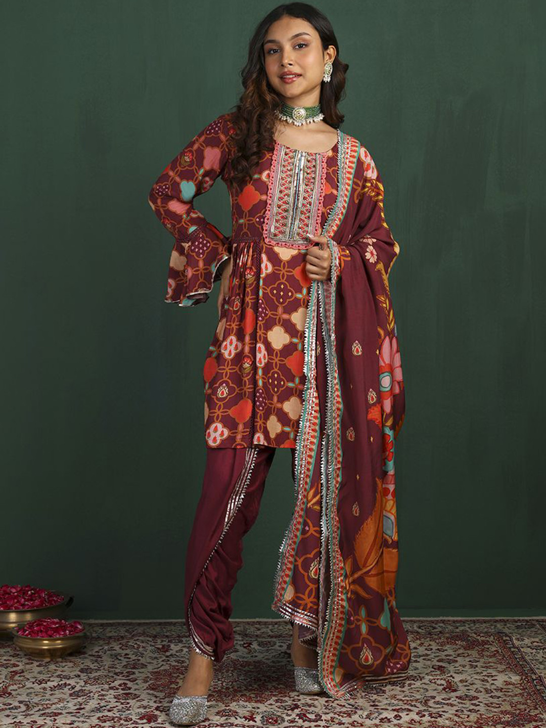 Label Ishnya Women Ethnic Motifs Printed Regular Sequinned Fusion Kurta with Dhoti Pants & With Dupatta