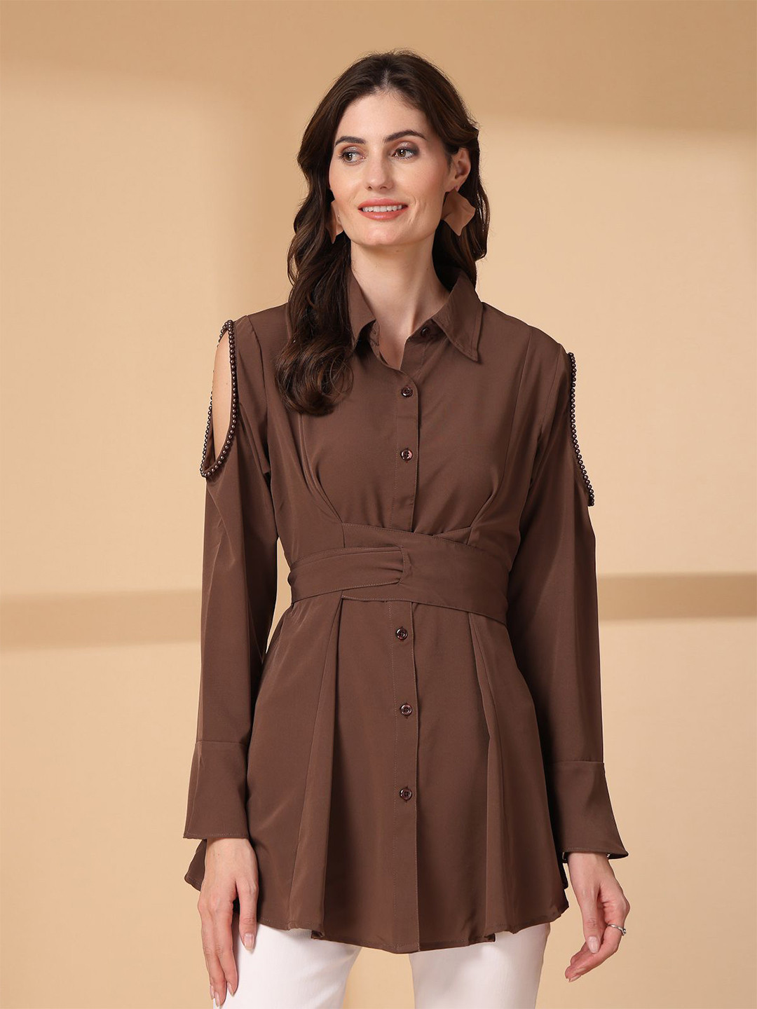plusS Cold-Shoulder Sleeves Embellished & Tie Ups Detail Longline Shirt