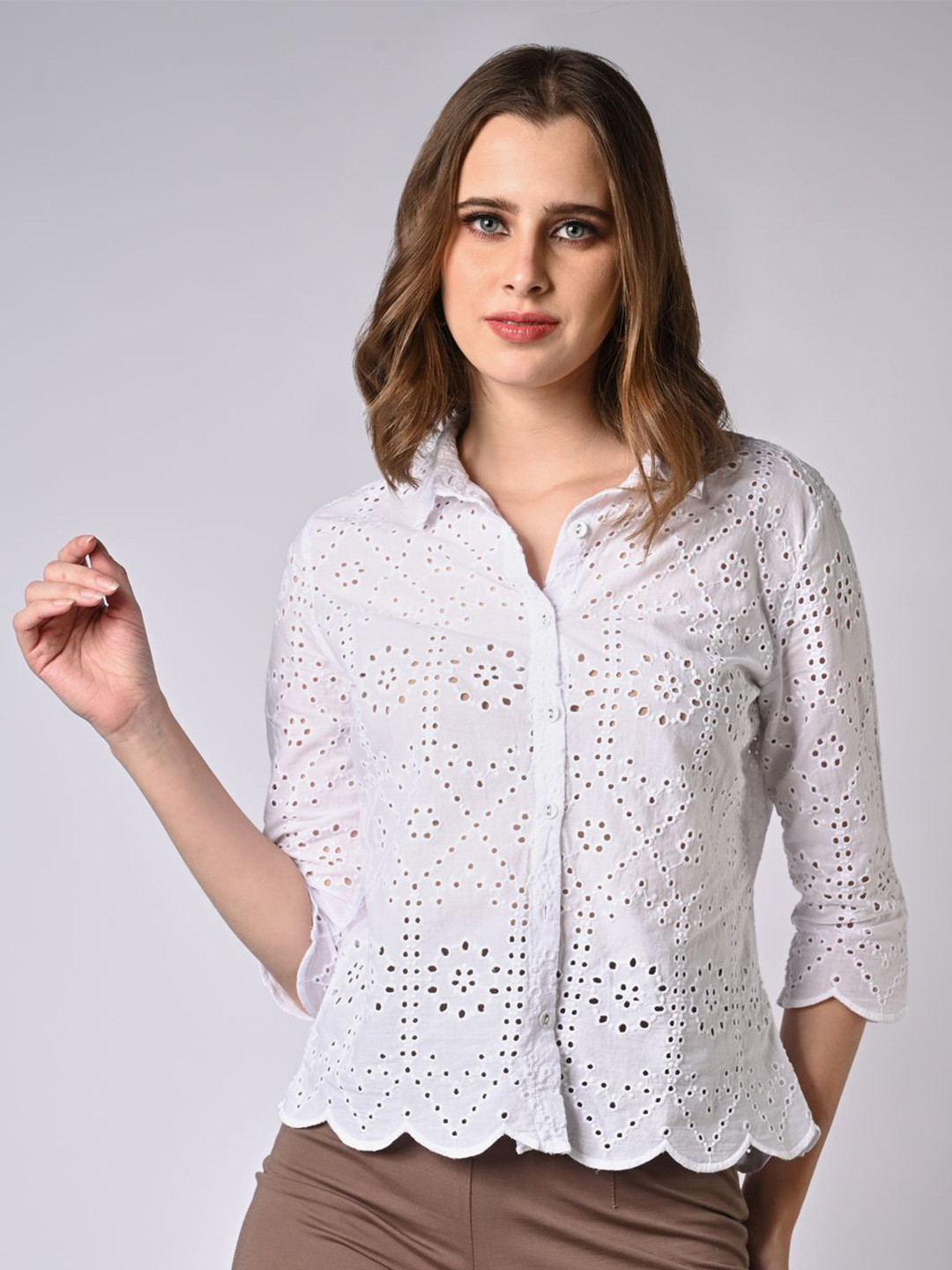 Kraus Jeans Women Spread Collar Textured Cotton Slim Fit Schiffli Casual Shirt