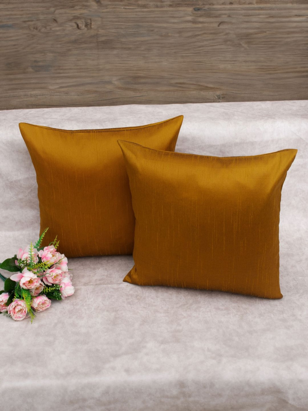 RoyalDeco Rust Silk Durable 2 Square Cushion Covers -16x16In