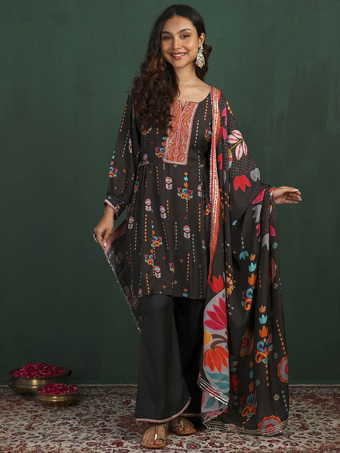 Label Ishnya Women Ethnic Motifs Printed Pleated Sequinned Kurti with Palazzos & With Dupatta