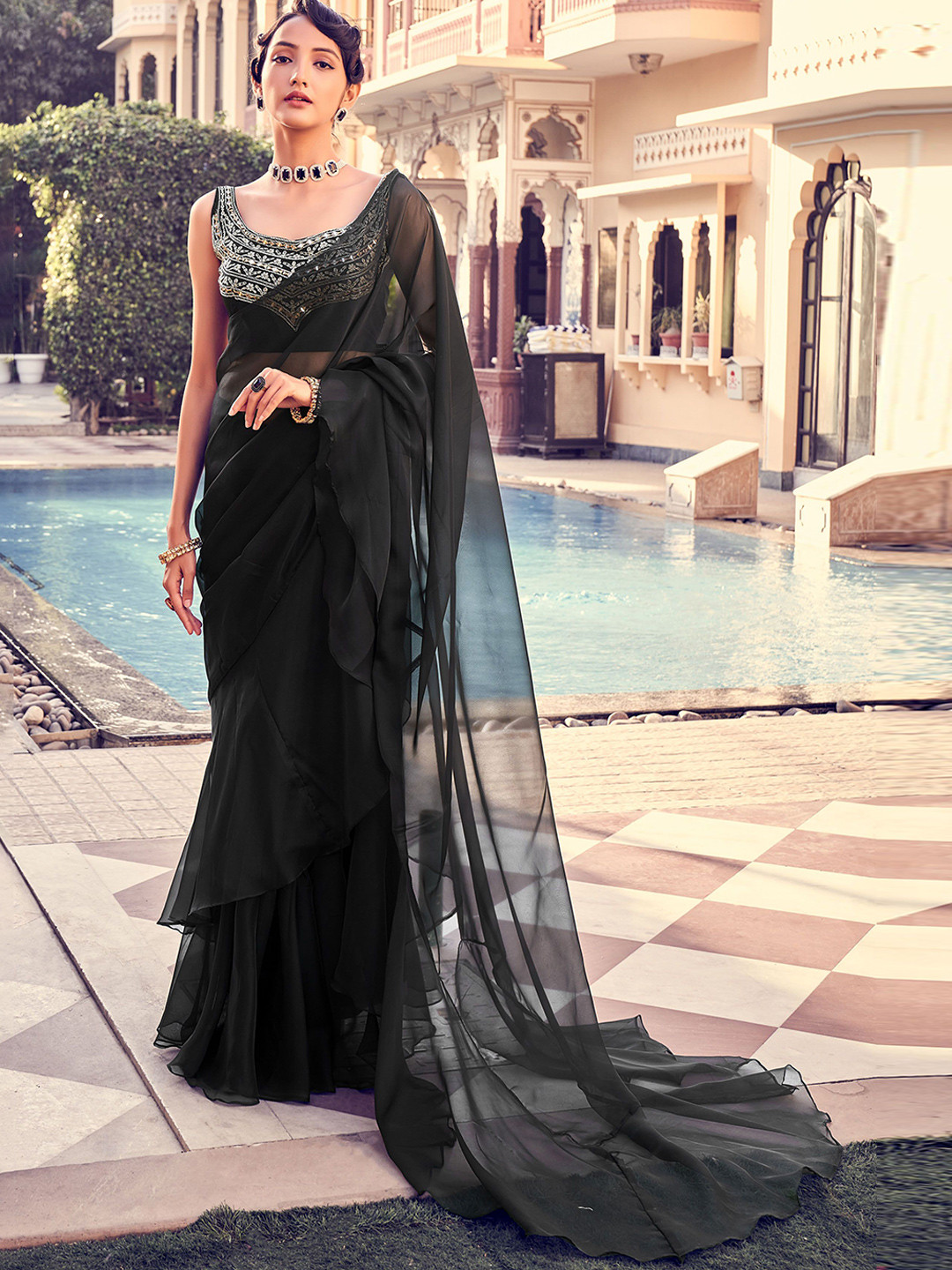 Fusionic Organza Ruffles Party Wear Saree With Embroidered Blouse