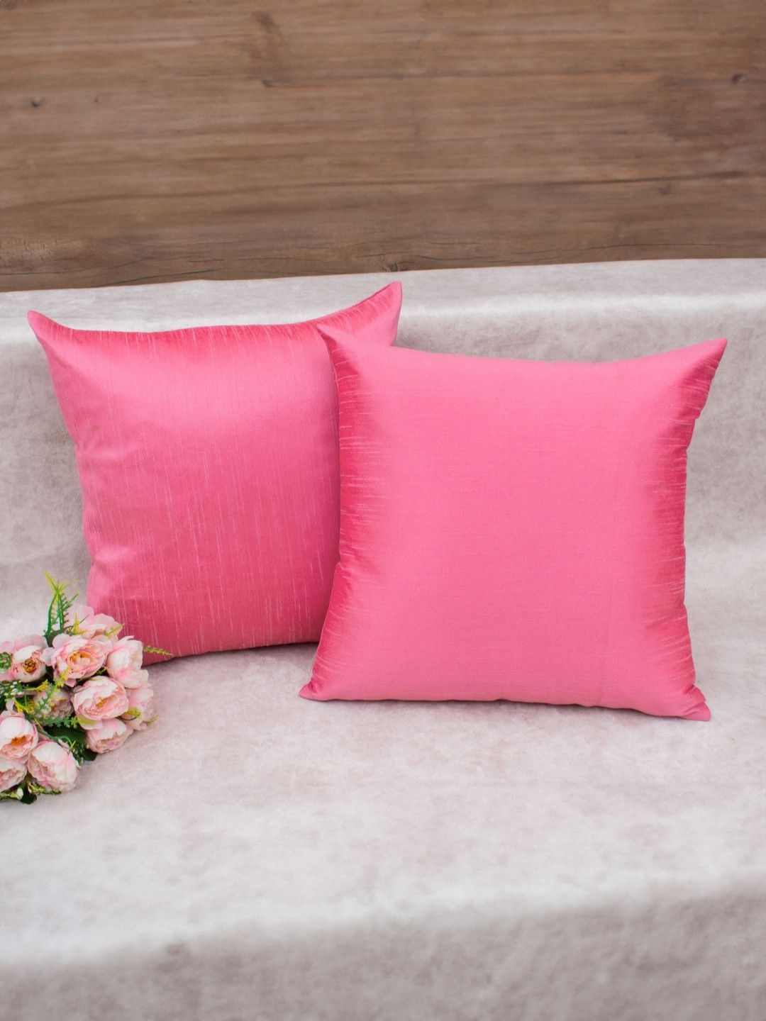 RoyalDeco Solid Pink Silk Durable 2 Piece Square Cushion Covers -12x12In