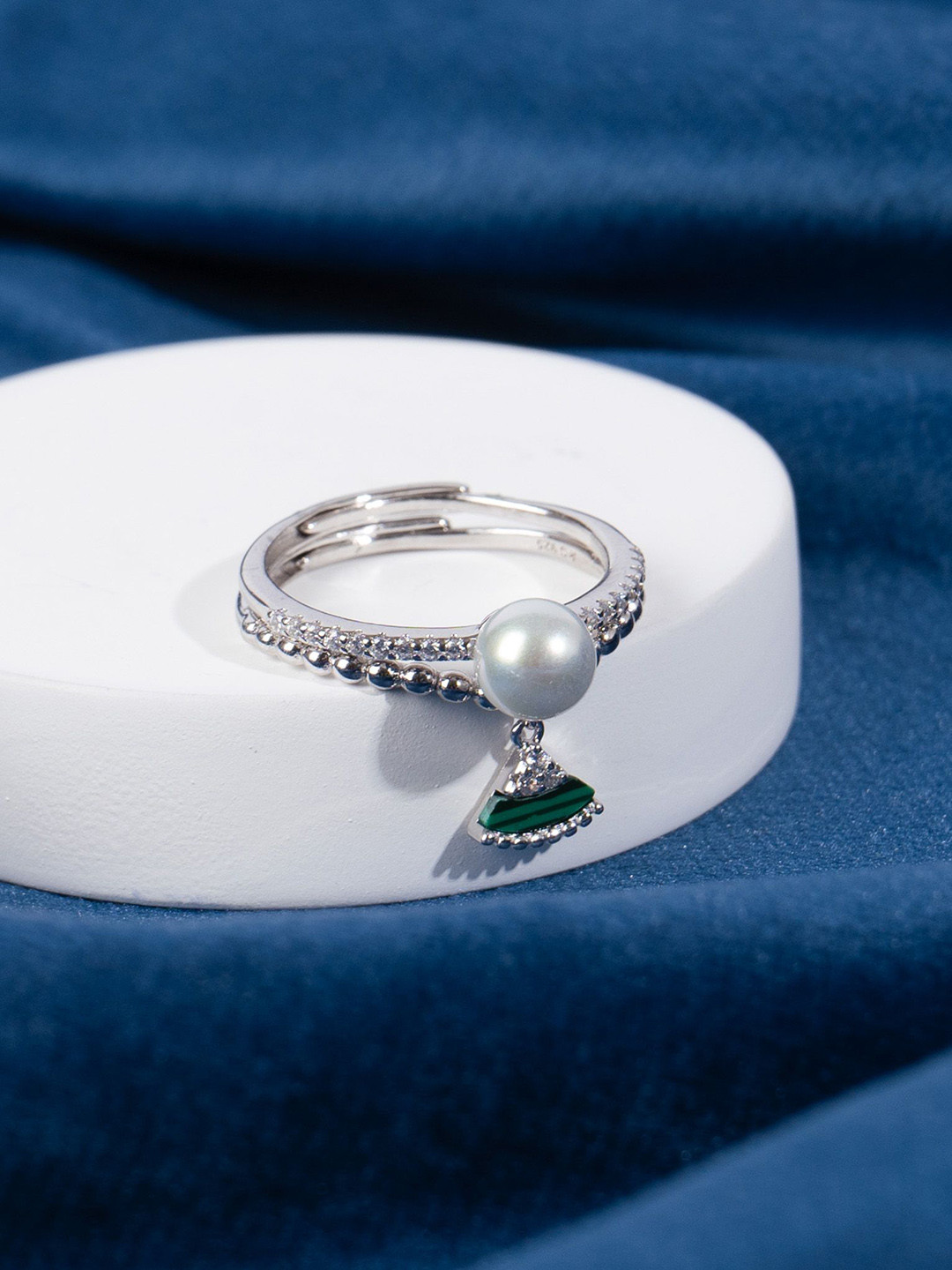 GLYTERS Silver-Plated Stone-Studded  & Beaded Adjustable Finger Ring