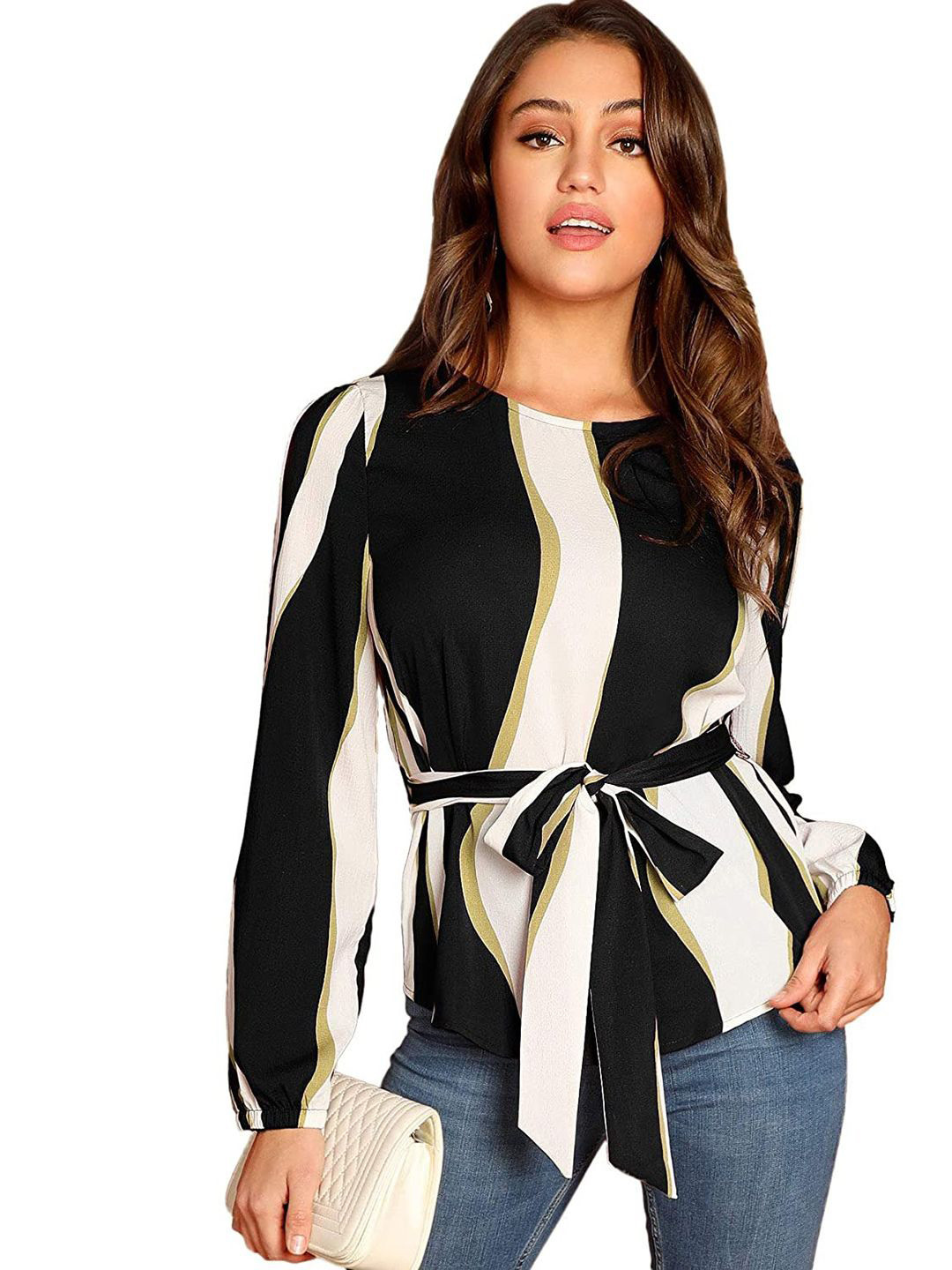 Stylecast X Slyck Women Striped Waist Tie-Up Peplum Top