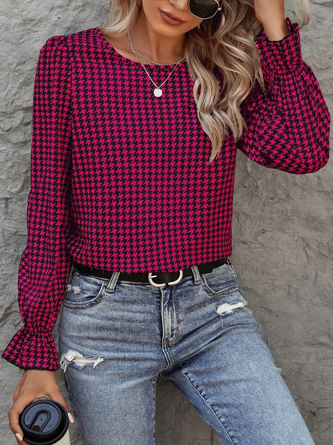 Stylecast X Slyck Checked Pattern Puff Sleeves Ruffles Blouson Top