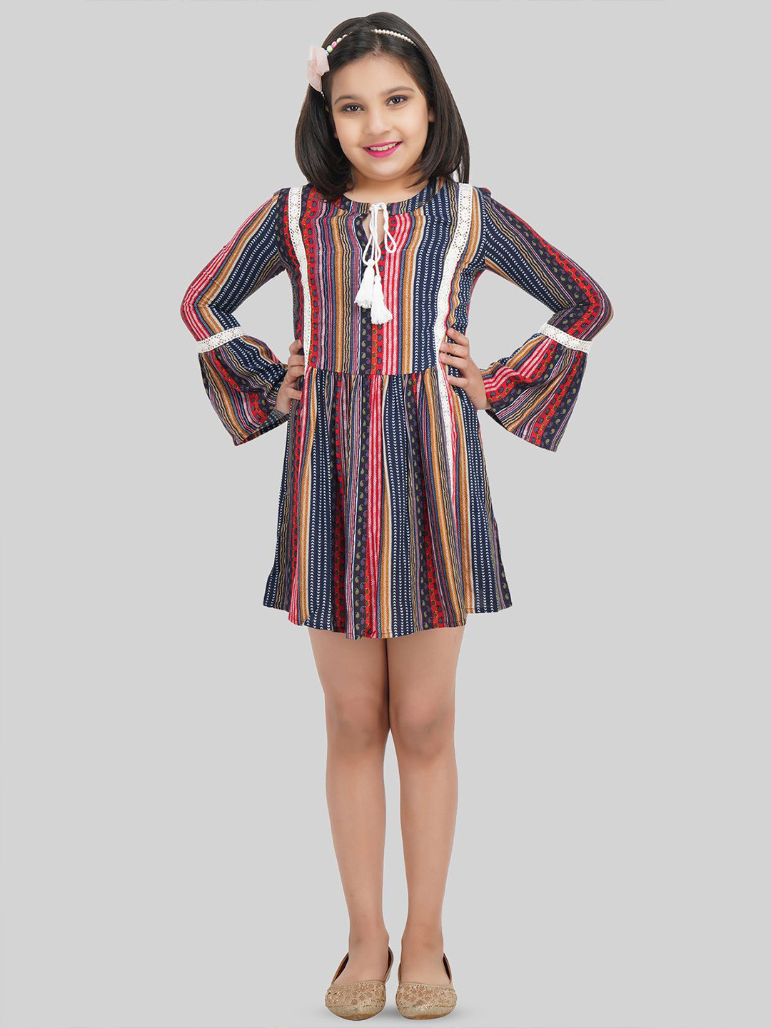 BEING NAUGHTY Girls Ethnic Motifs Printed Tie-Up Neck Bell Sleeves A-Line Dress