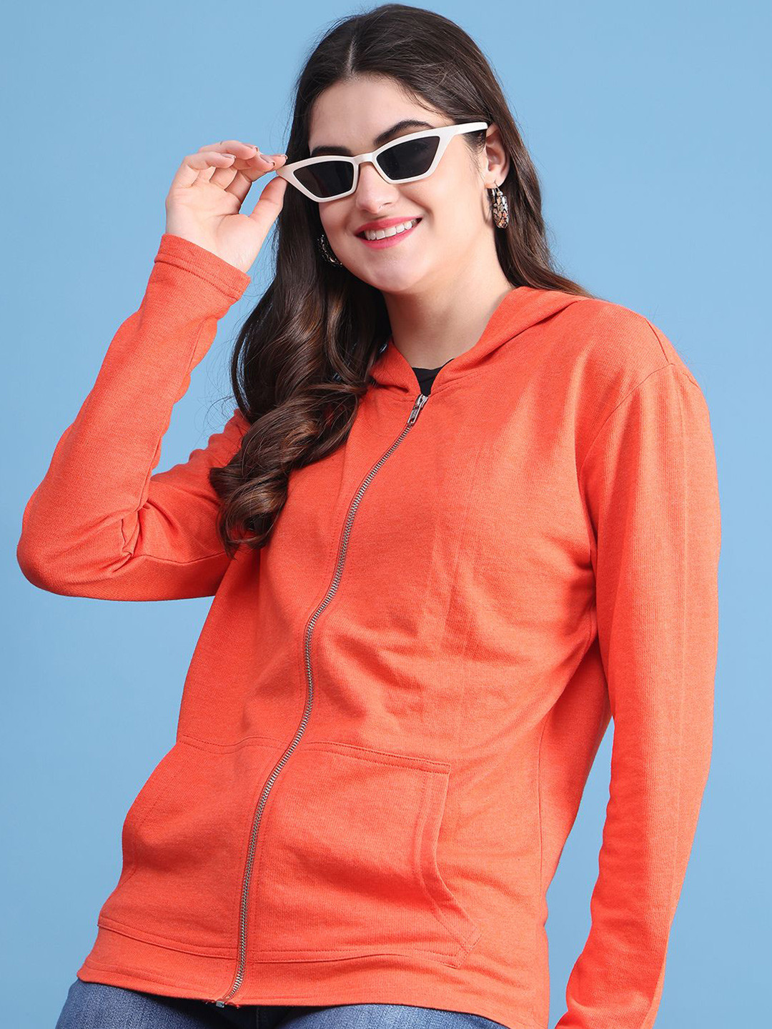 DOOR74 Women Cotton Front-Open Hooded Sweatshirt