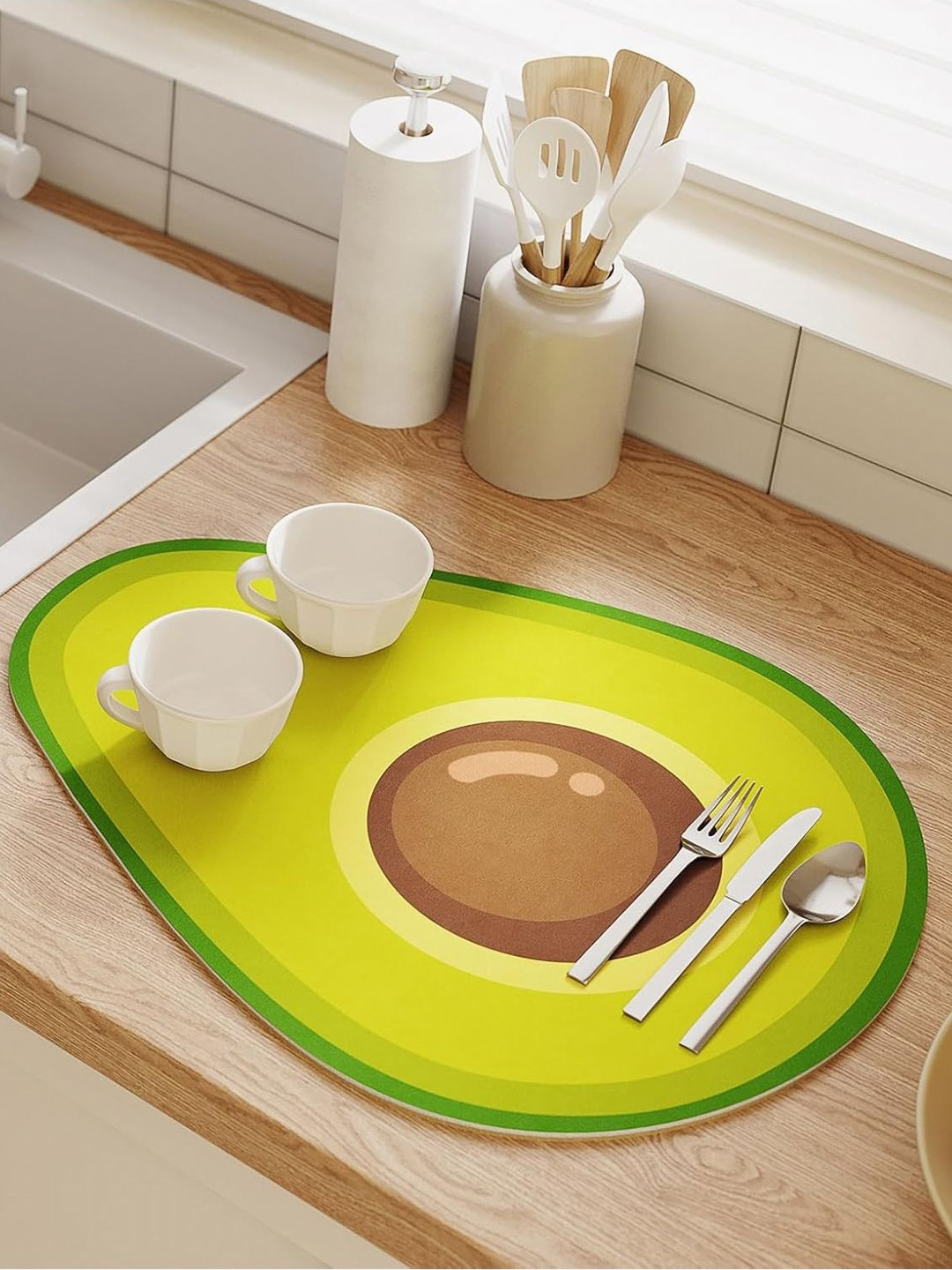 HOUSE OF QUIRK Brown & Green Printed Kitchen Dish Drying Mat