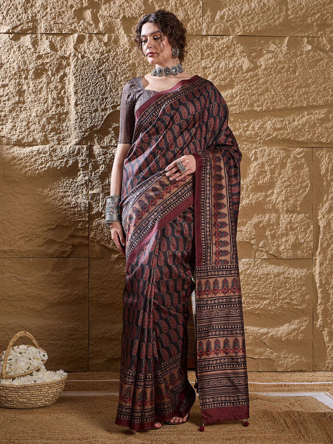 Saree mall modal Ajrak Block Silk Blend Designer Dabu SareesWith Blouse Piece