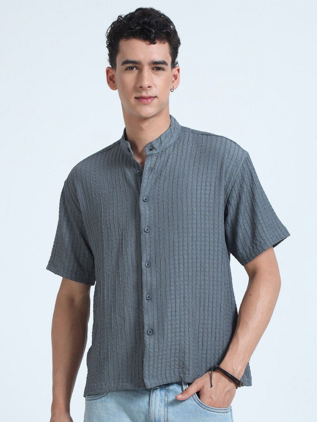 NEVER NEUD Men Relaxed Floruit Popcorn Texture Casual Shirt