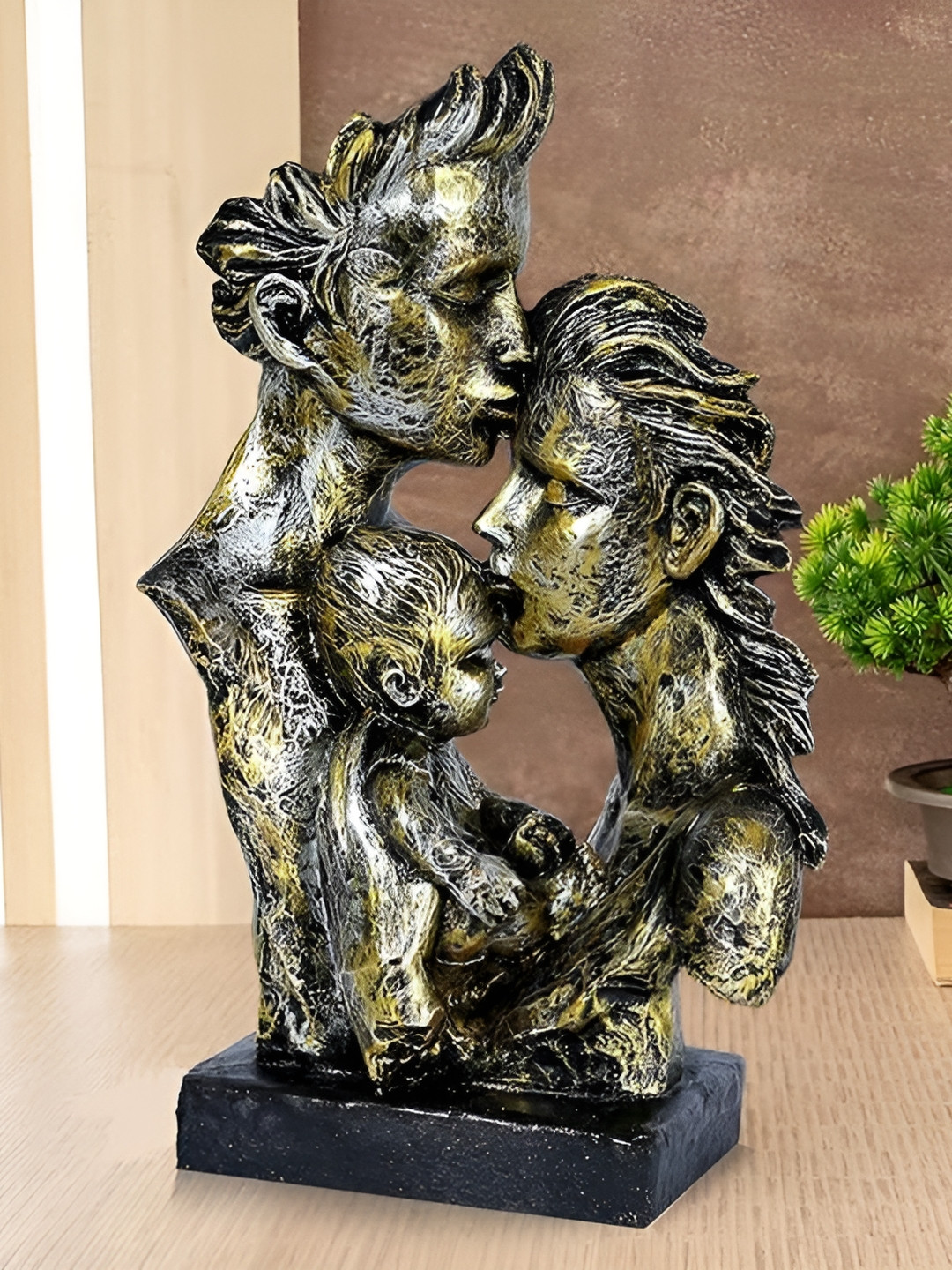 Zart Mother and Father with Child Love Gold Polyresin Glossy Living Room Medium Showpiece - 12.5 Inches