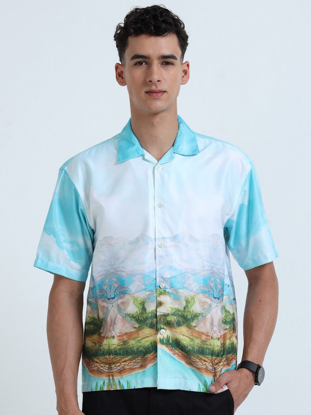 NEVER NEUD Men Relaxed Satin Himalayan Printed Oversized Casual Shirt