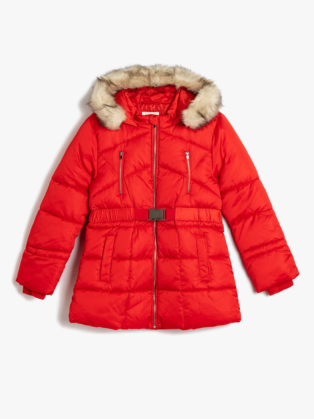 Koton Girls Faux Fur Trim Hooded Overcoat