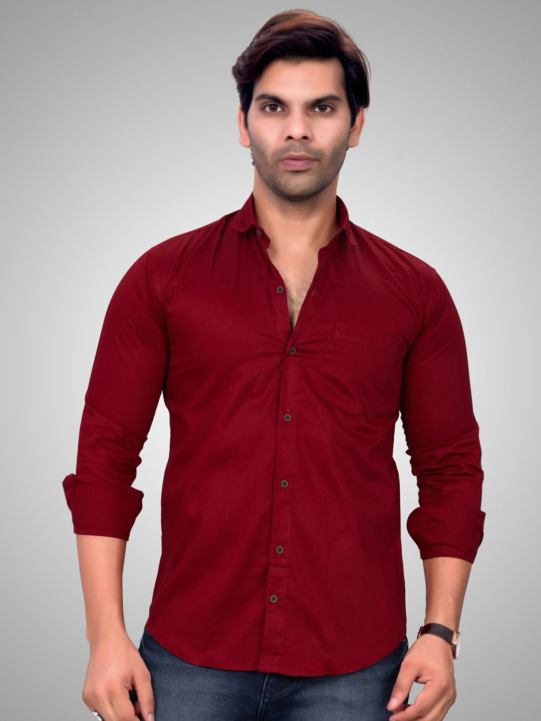 SKY GLOBAL Men Standard Spread Collar Solid Cotton Casual Shirt