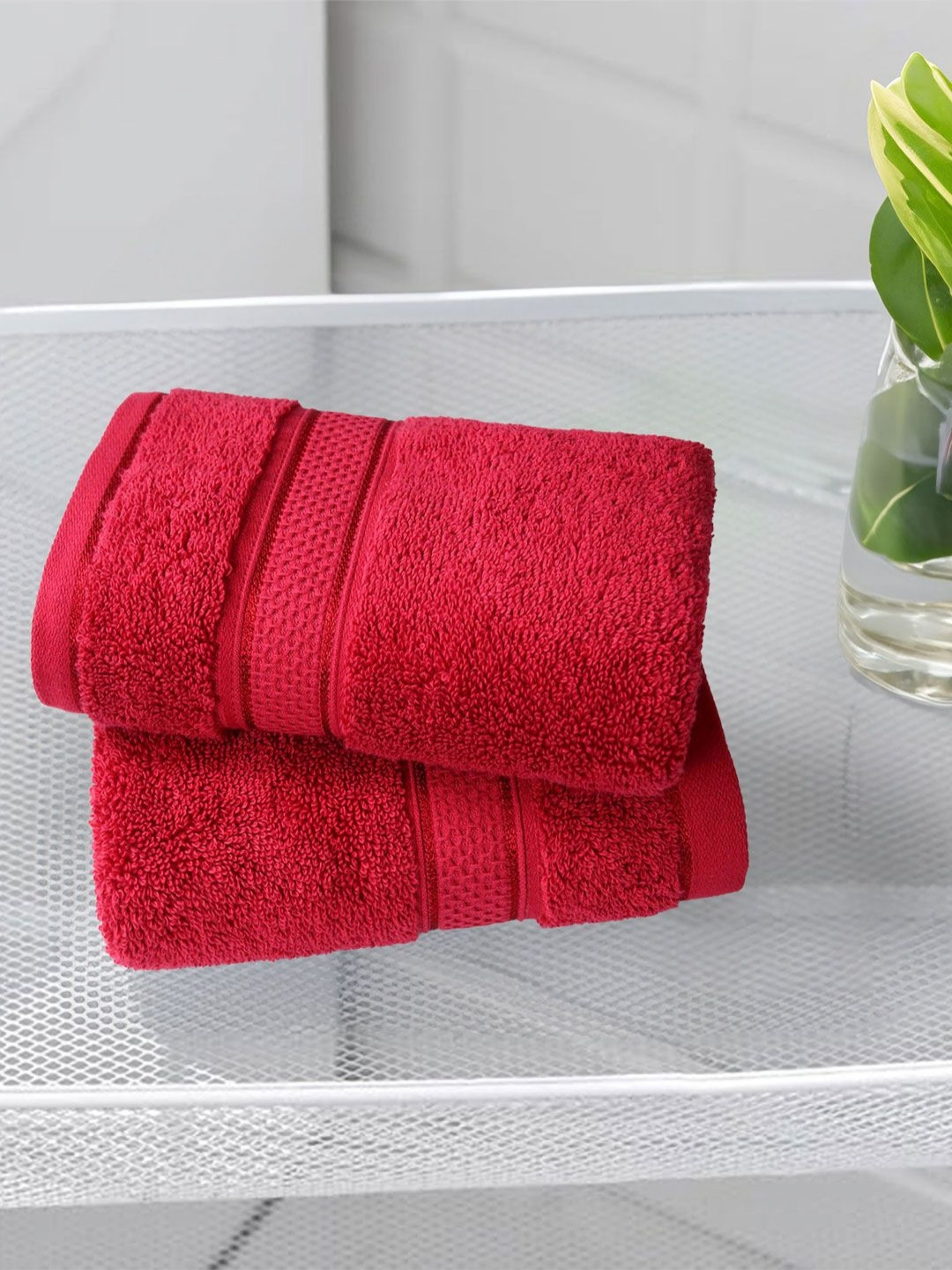 MYTRIDENT 2-Pcs Red 600 GSM Pure Cotton Hand Towels