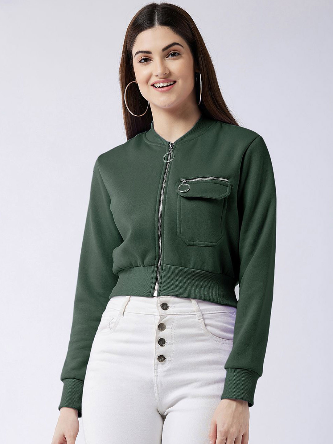 Miss Chase Women Solid Long Sleeve Crop Boxy Bomber Polyester Jacket
