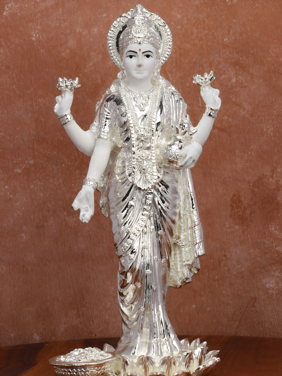 Funku Fashion Dhan Lakshmi Silver Polyresin Glossy Living Room Medium Showpiece -