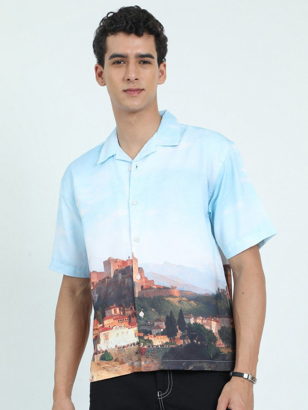 NEVER NEUD Men Relaxed Satin Macedonia Printed Oversized Casual Shirt