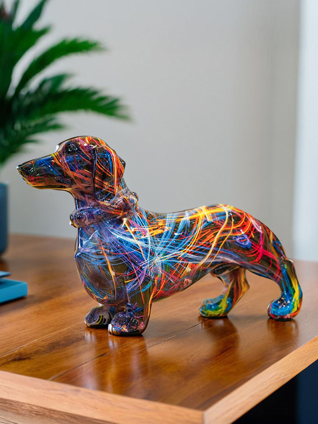 Ekhasa Dachshund Dog Blue Polyresin Glossy Living Room Small Showpiece - 5.1 Inches