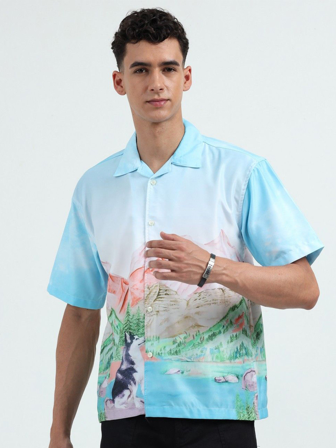 NEVER NEUD Men Relaxed Satin Vagabond Printed Oversized Casual Shirt