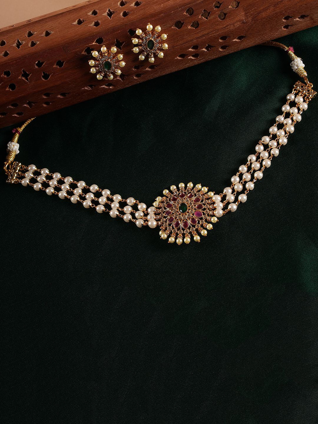 Kattam Gold-Plated Artificial Stone Studded & Pearl Beaded Jewellery Set