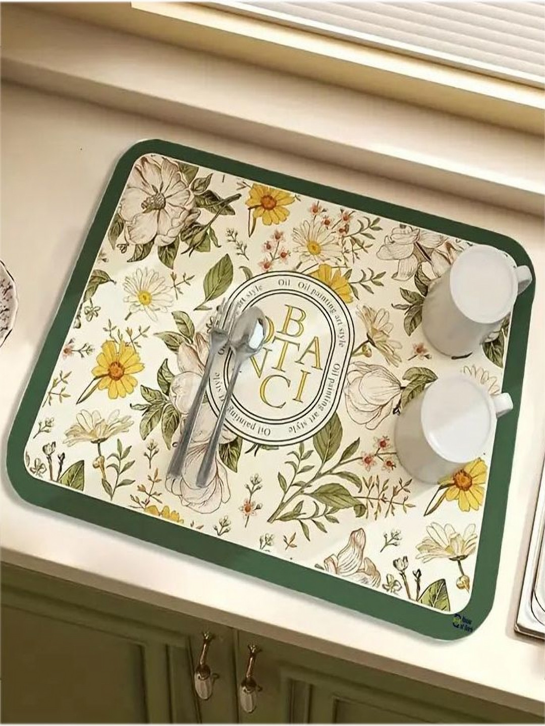 HOUSE OF QUIRK Beige & Green Printed Rectangular Kitchen Dish Drying Mat