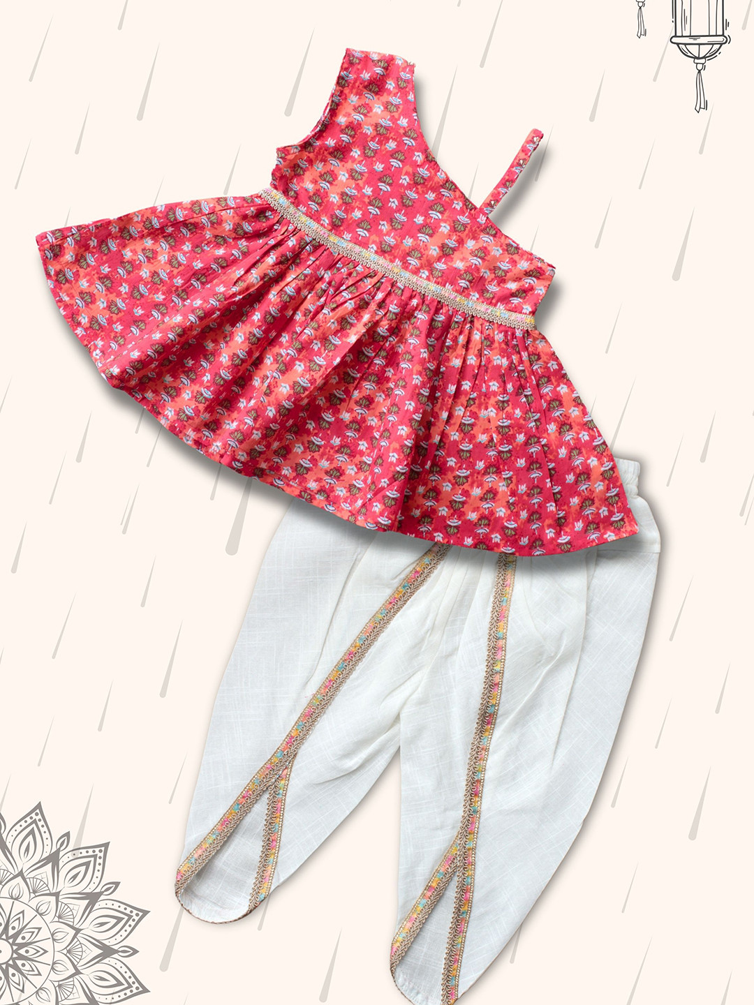 Peekaaboo Kids Girls Ethnic Motifs Printed Layered Pure Cotton Top with Dhoti Pants