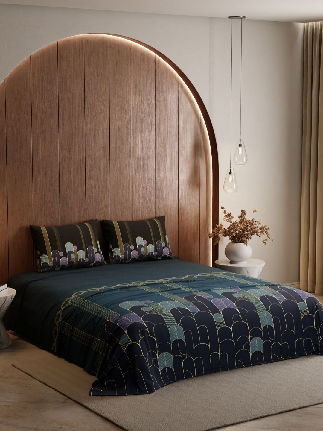 Stoa Paris Lumiere Blue Geometric Cotton 240 TC King Fine Bedsheet with 2 Pillow Covers-108 x 90 inches