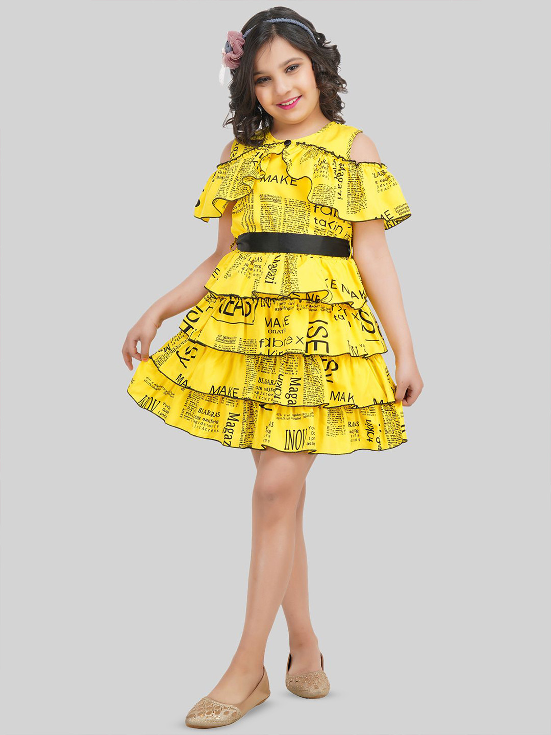 BEING NAUGHTY Girls Typography Printed Cold-Shoulder Sleeves Layered Fit & Flare Dress