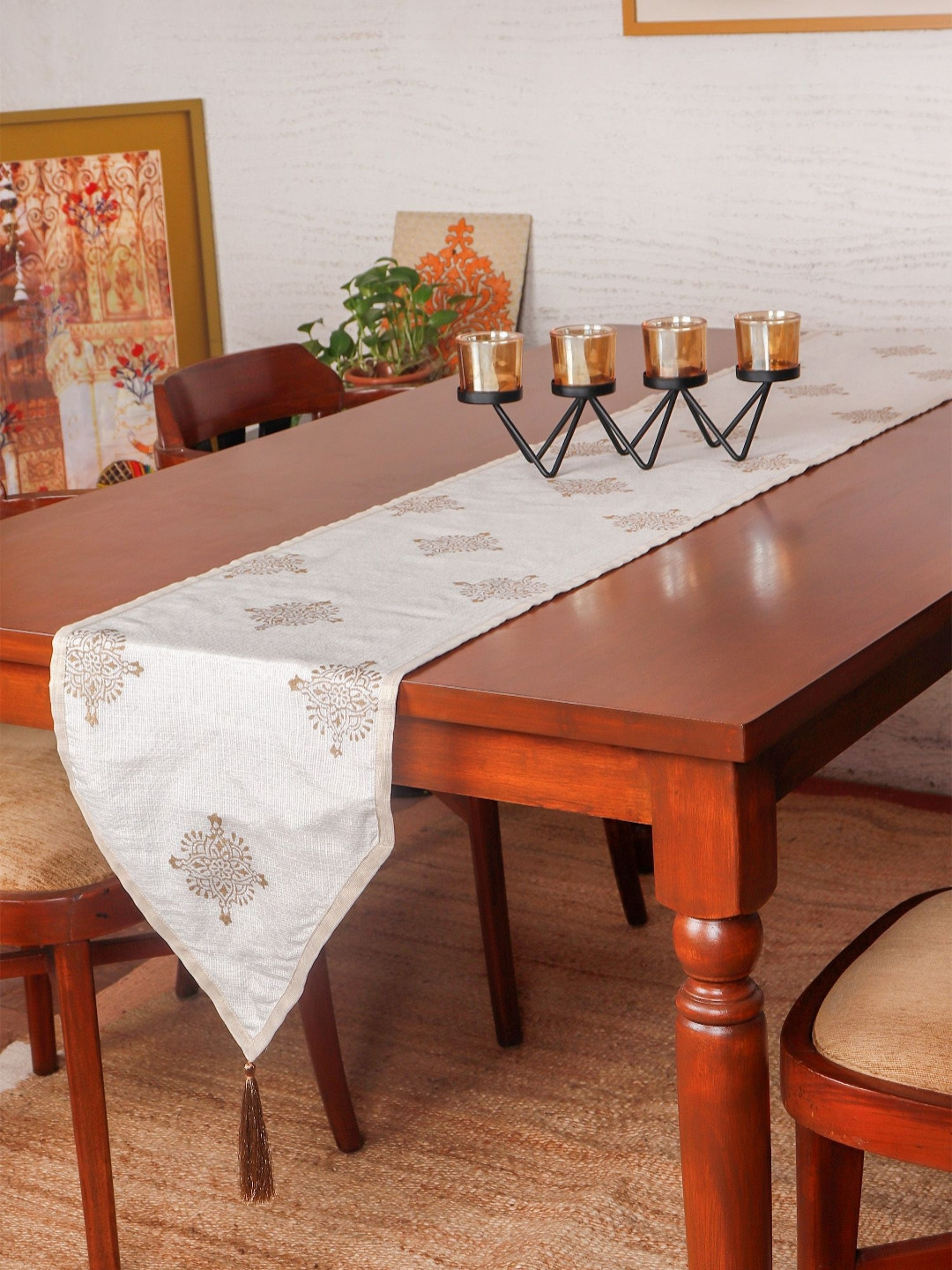 ZEBA Off-White & Gold-Toned Ethnic Motif Printed Table Runner