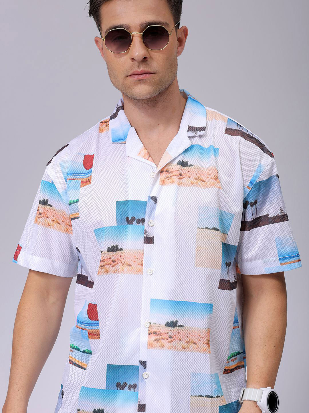 The Indian Garage Co Men Relaxed Fit Photo Printed Textured Resortwear Shirt