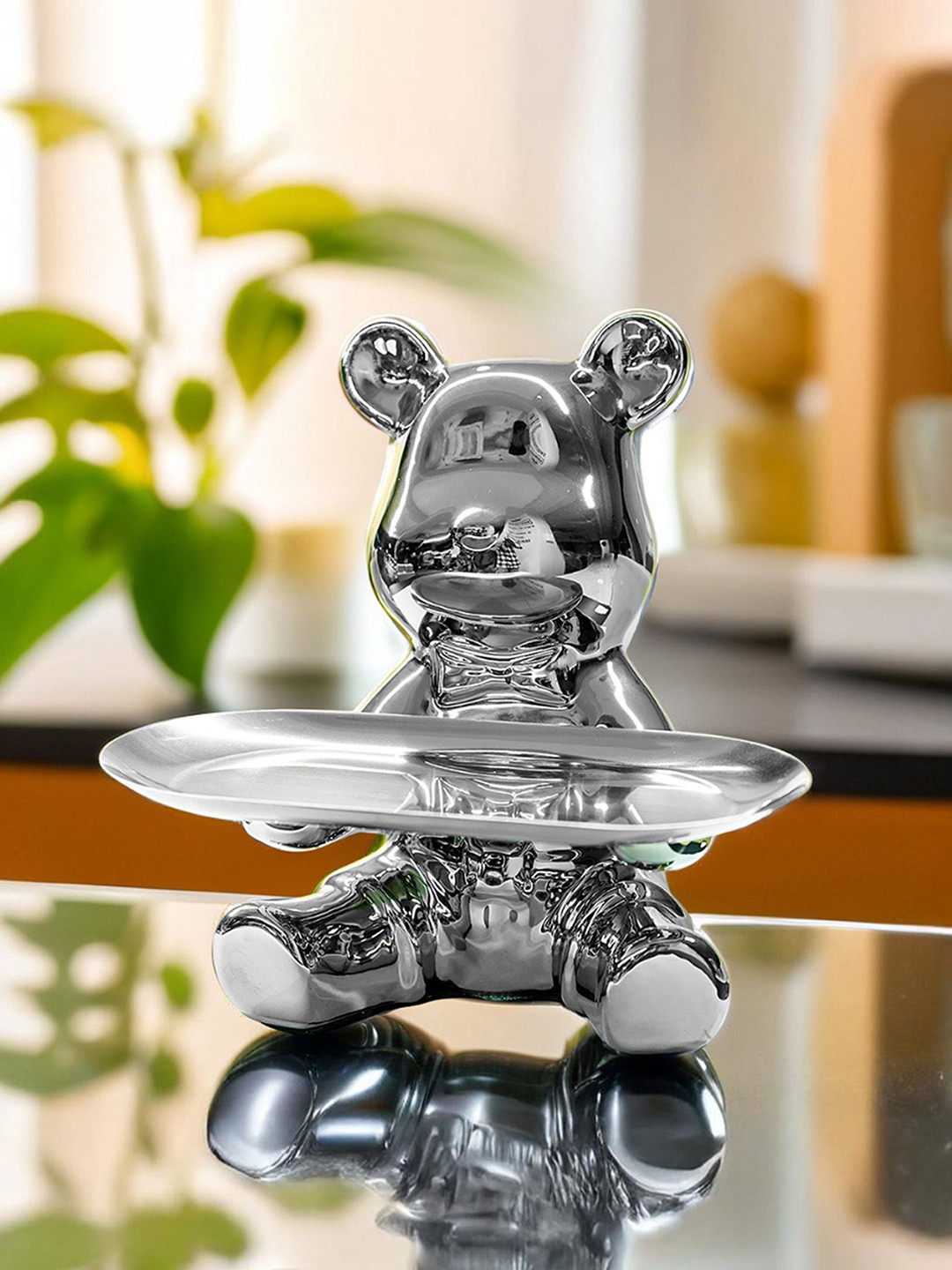 Ekhasa Silver-Toned Bear Figurine Showpiece with Organiser Tray
