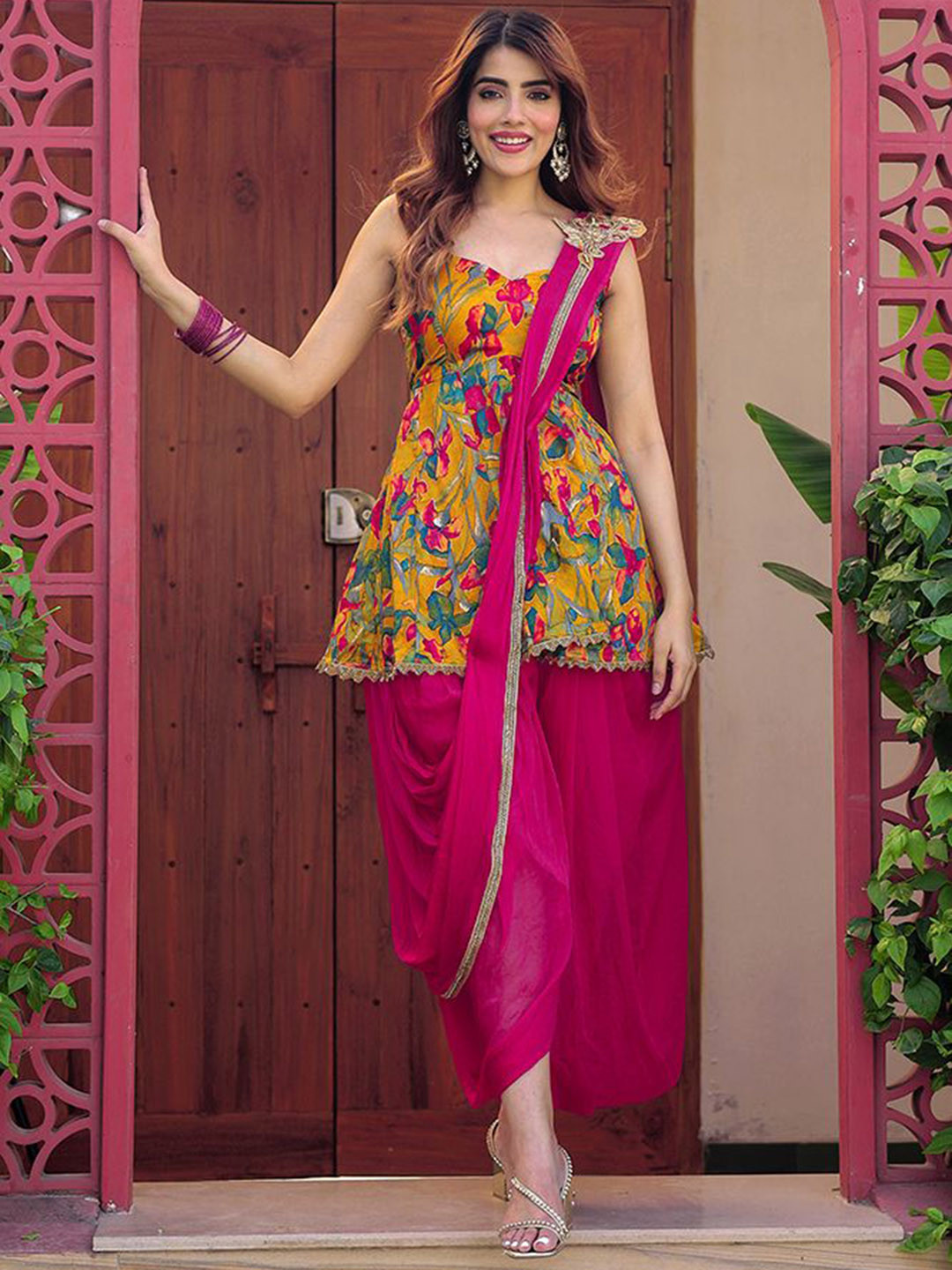 LABEL ADITI HUNDIA Women Floral Printed Empire Fusion Kurti with Dhoti Pants
