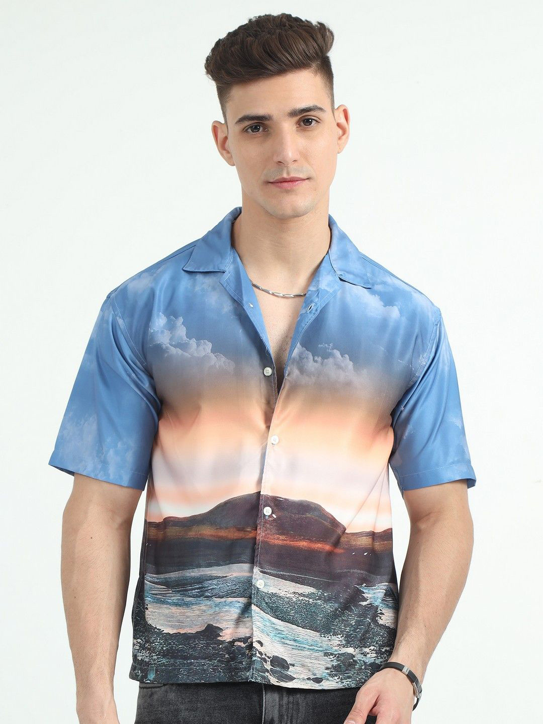 NEVER NEUD Men Relaxed Satin Dusk Skyline Printed Oversized Casual Shirt