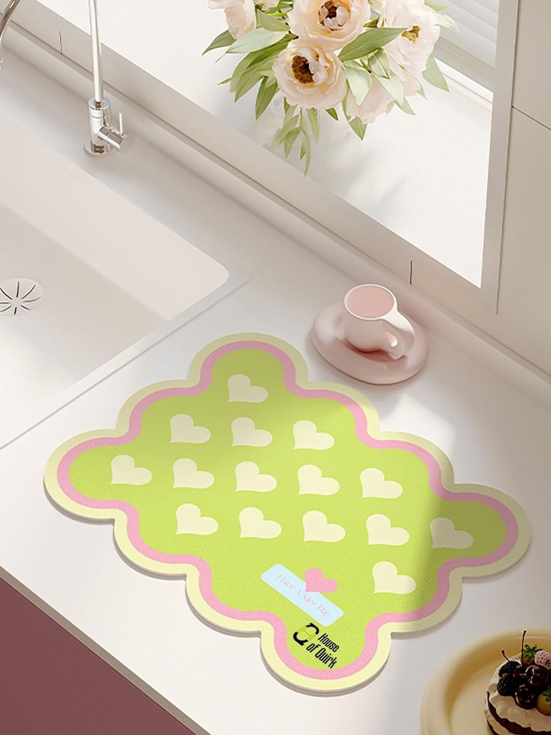 HOUSE OF QUIRK Beige & Green Printed Rectangular Kitchen Dish Drying Mat