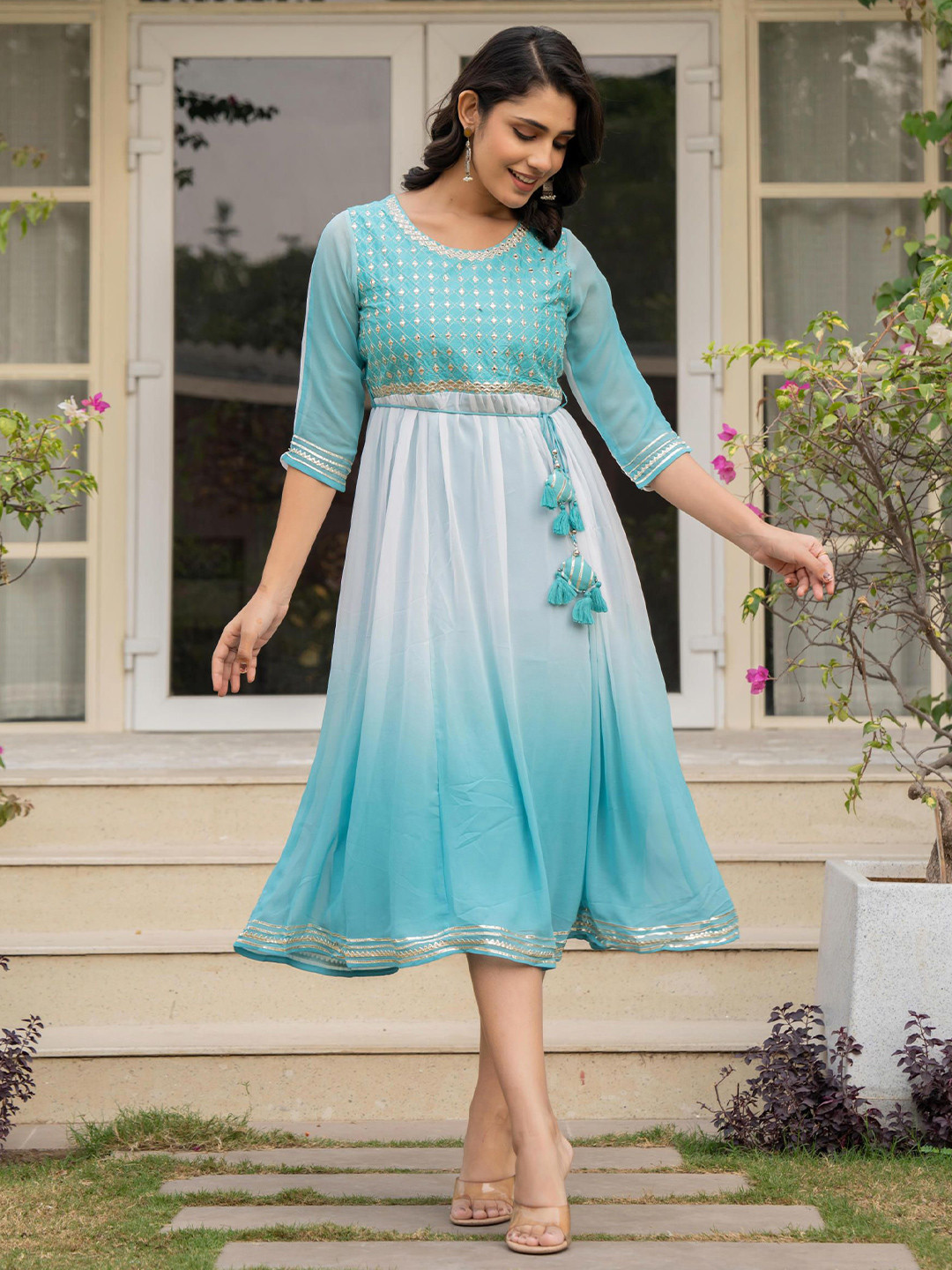 Teal Solid Georgette Dress With Doris At Waist & Mirror Work
