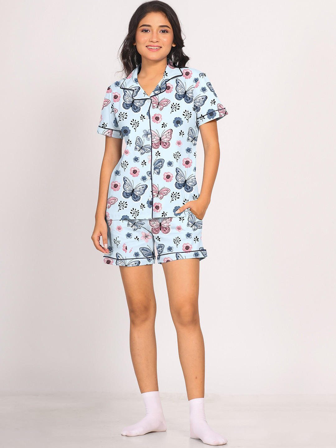 NAP STORY Butterfly Printed Half Sleeves Shirt and Shorts Nightsuit Set