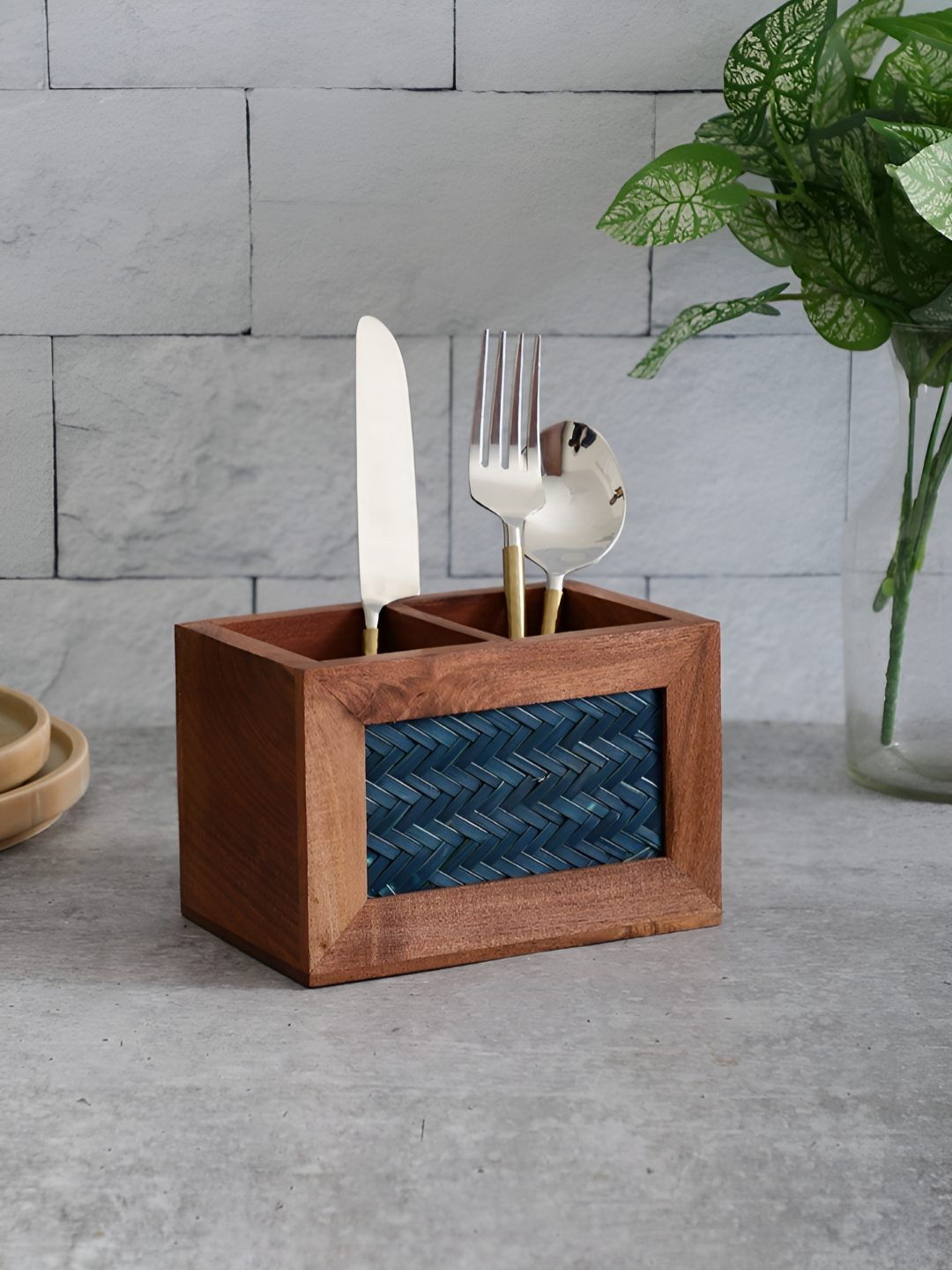 VarEesha Brown & Blue Acacia Wood Chatai Two Compartment Cutlery Holder