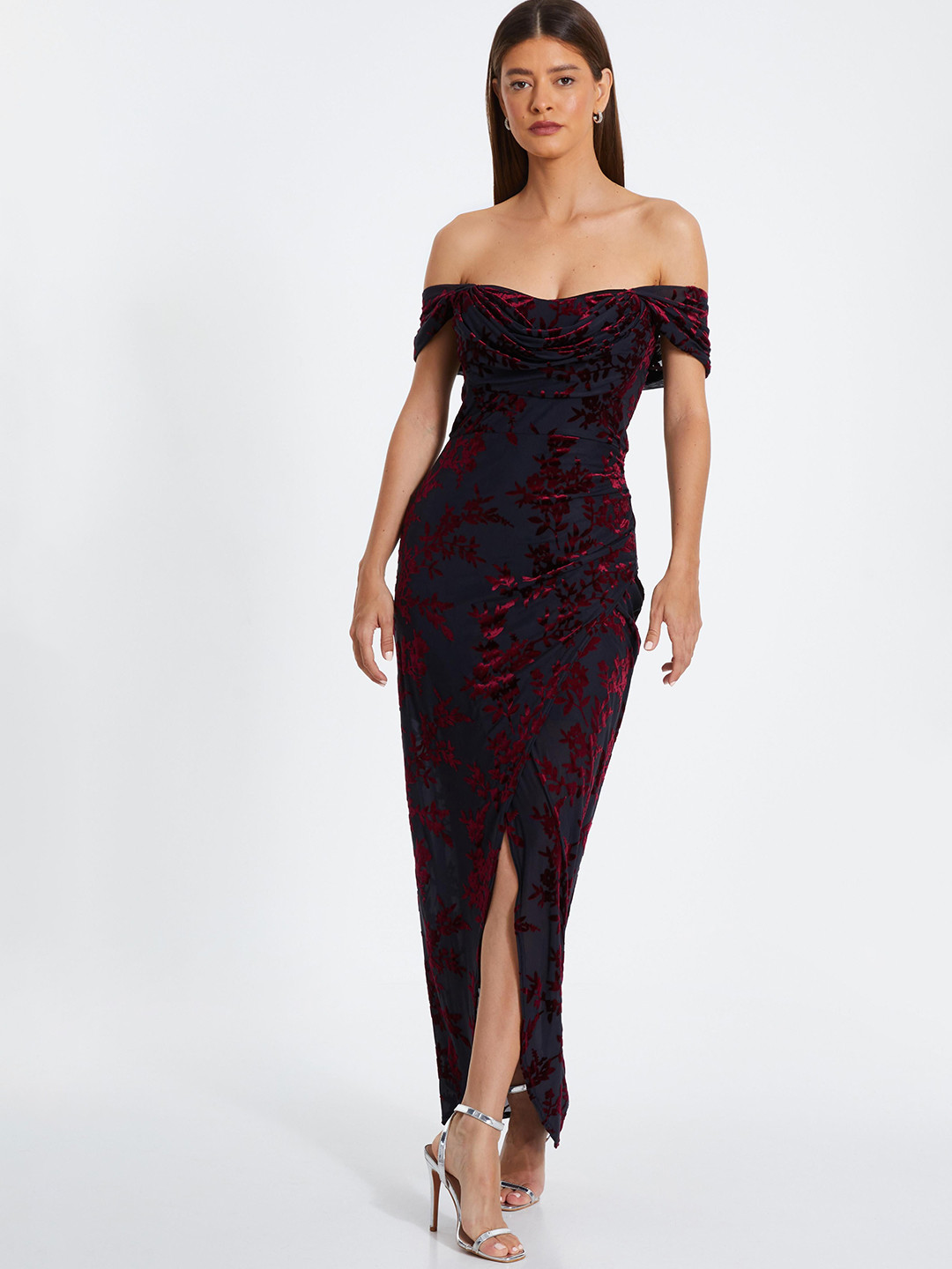 QUIZ Floral Off-Shoulder Velvet Bodycon Maxi Dress