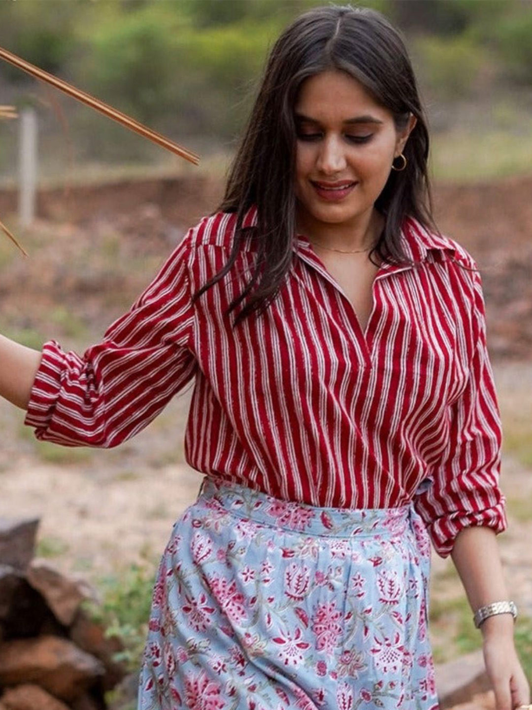 SASSY SAJJA Striped Cotton Shirt Style Top