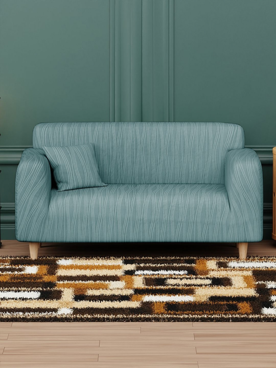 Myntra Elegant Homes Blue Wavy Stripes Pattern Sofa Cover With Cushion Covers