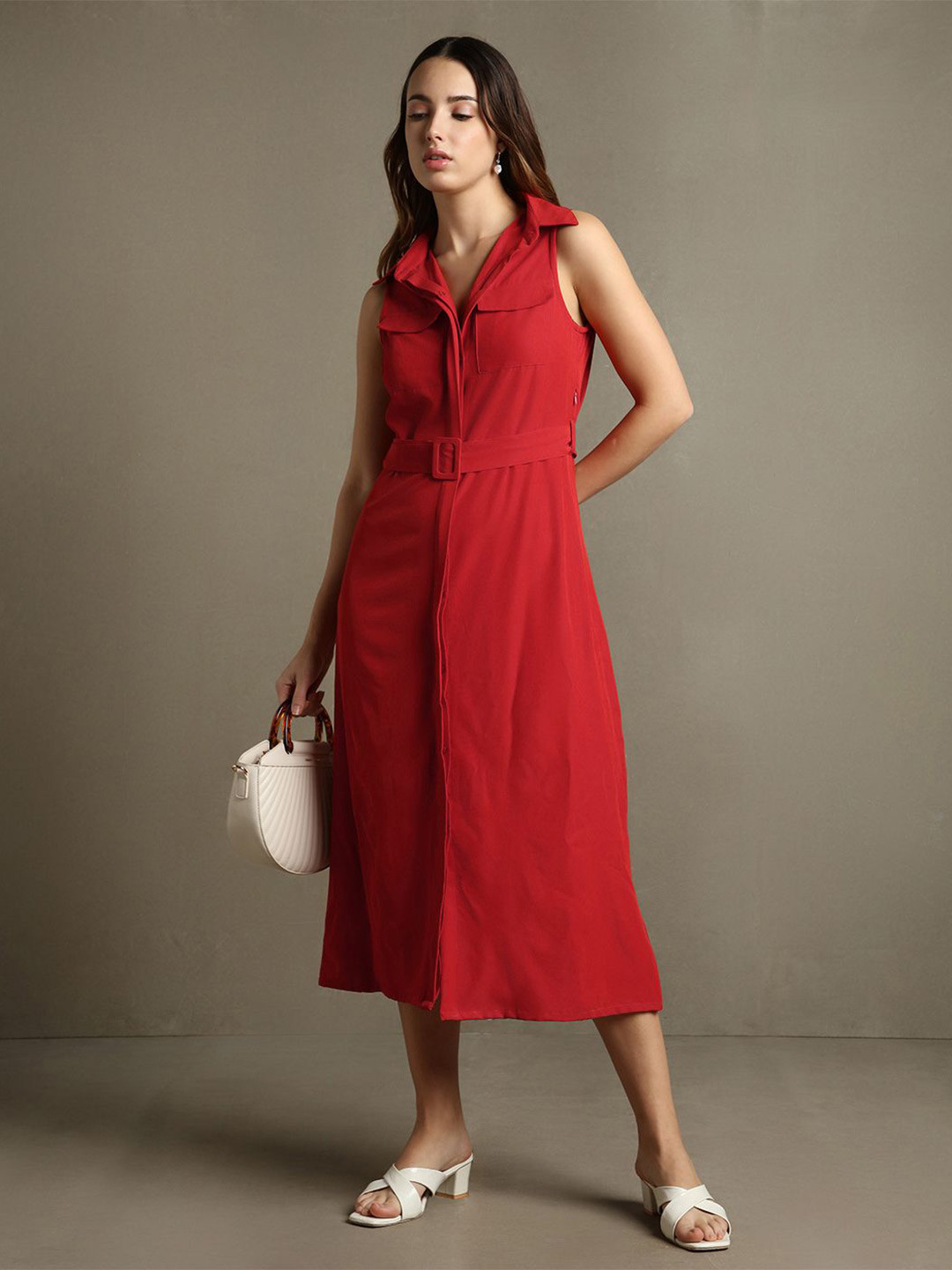 DL Woman Shirt Collar Sleeveless Shirt Midi Dress