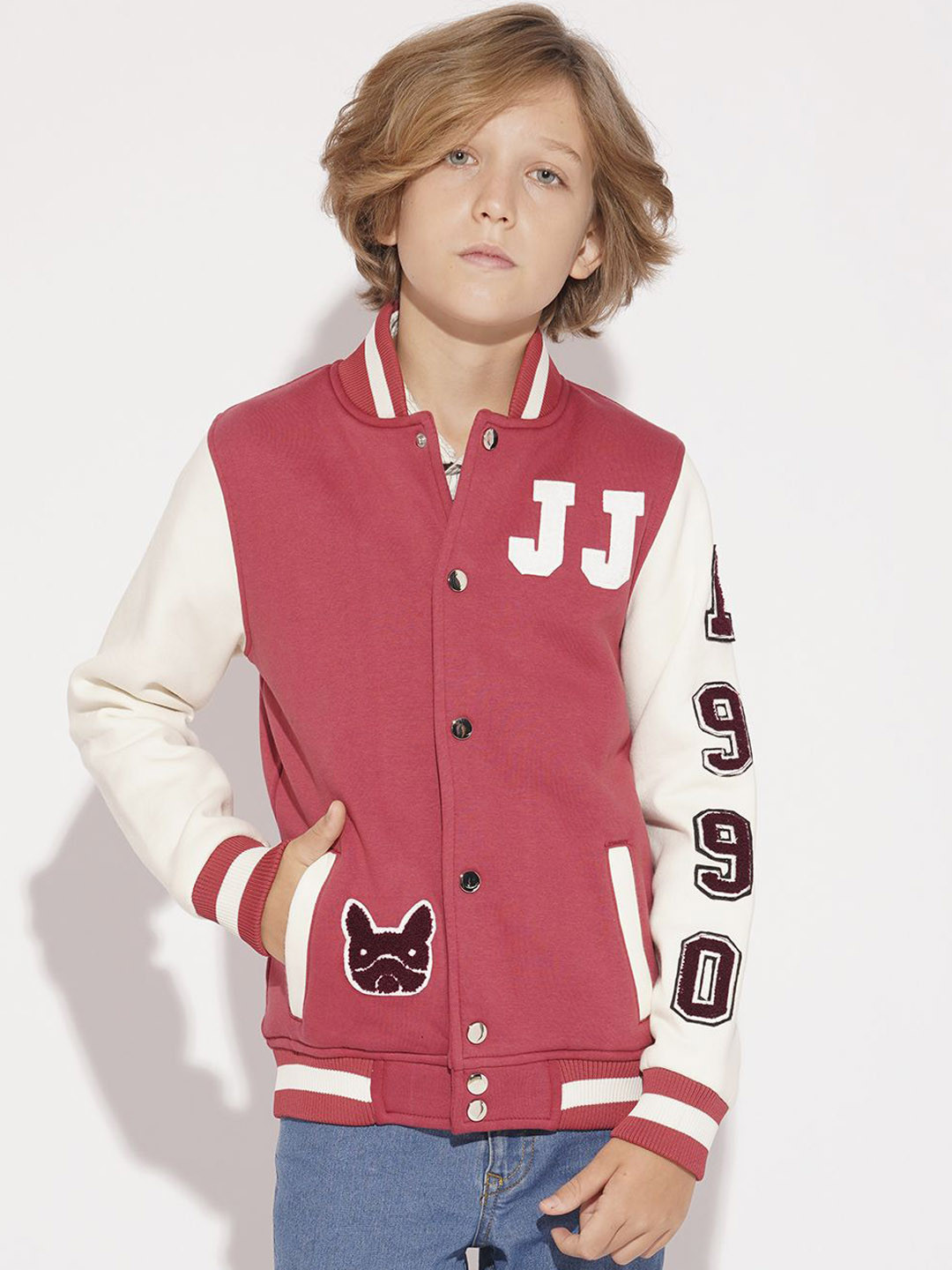 Jack & Jones Junior Boys Typography Lightweight Varsity Jacket with Patchwork