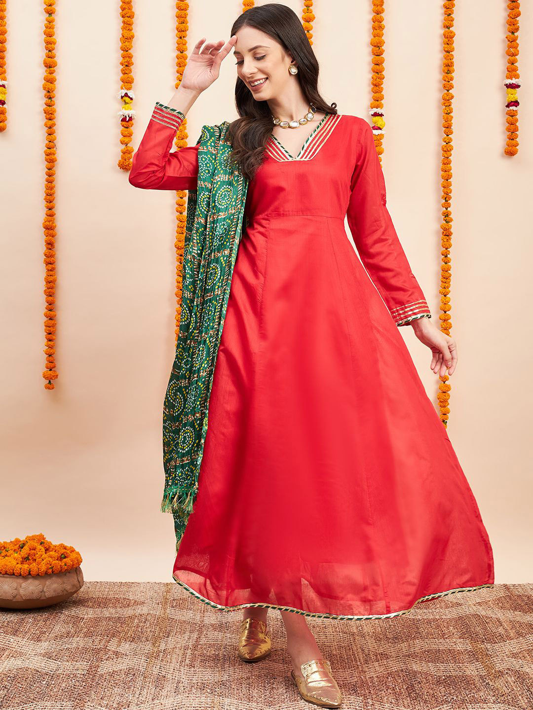 Fabway Clothing Women Embellished Gotta Patti Cherry Red Chanderi Silk Anarkali Kurta