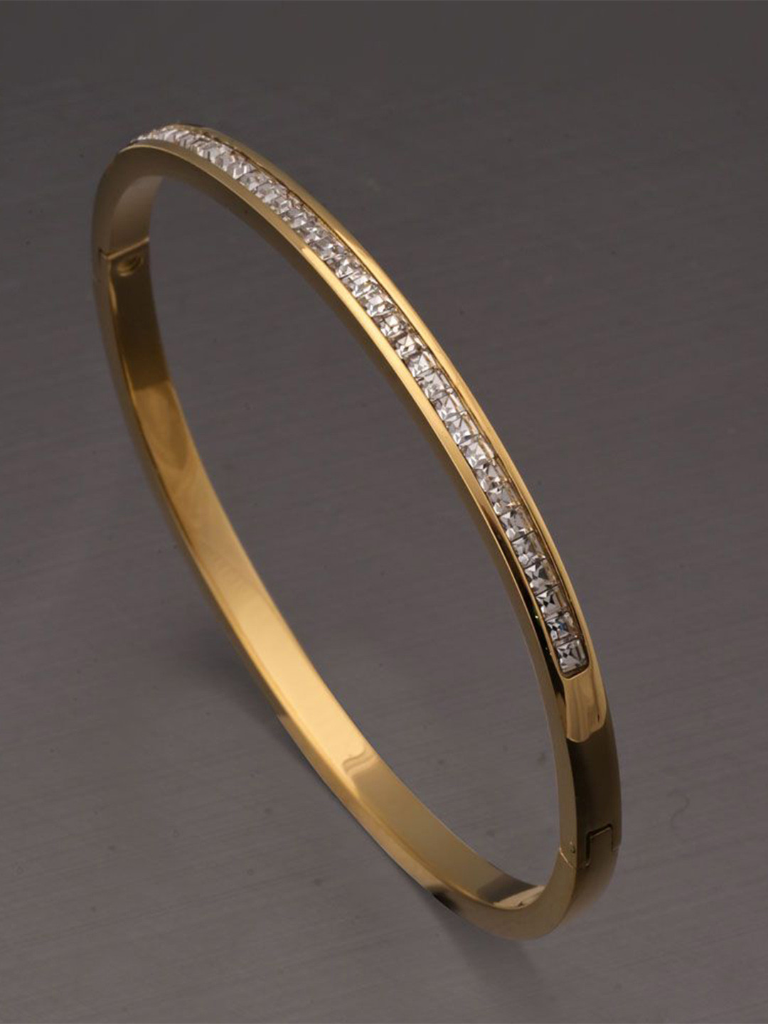 PALMONAS 18k Gold Plated CZ Studded Sparkling Line Bangle Style Bracelet