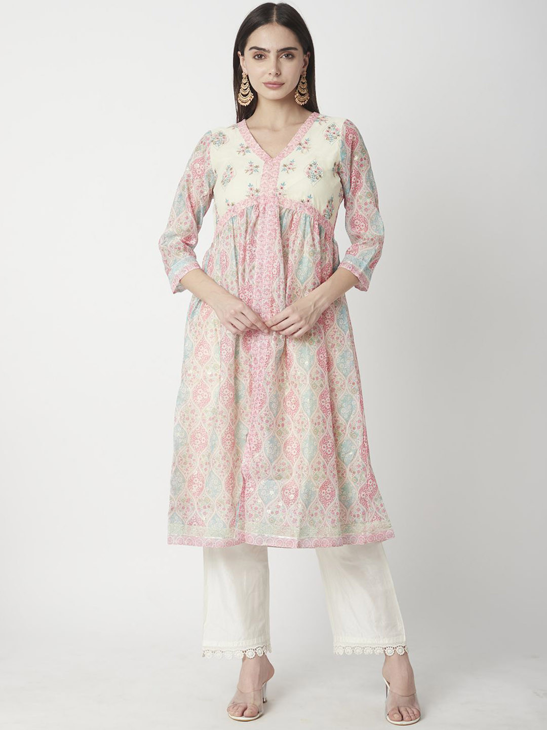 R&B Women Embroidered Flared Sleeves Thread Work Chanderi Silk Anarkali Kurta