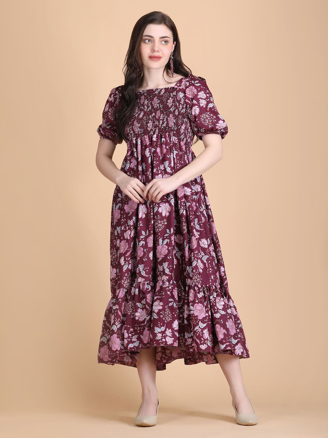 STARWORD Women Floral Printed Smocked Detailed Fit & Flare Midi Dress