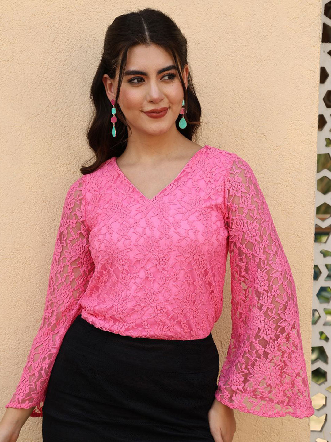 AKIMIA Floral Flared Sleeve Lace Blouson Top