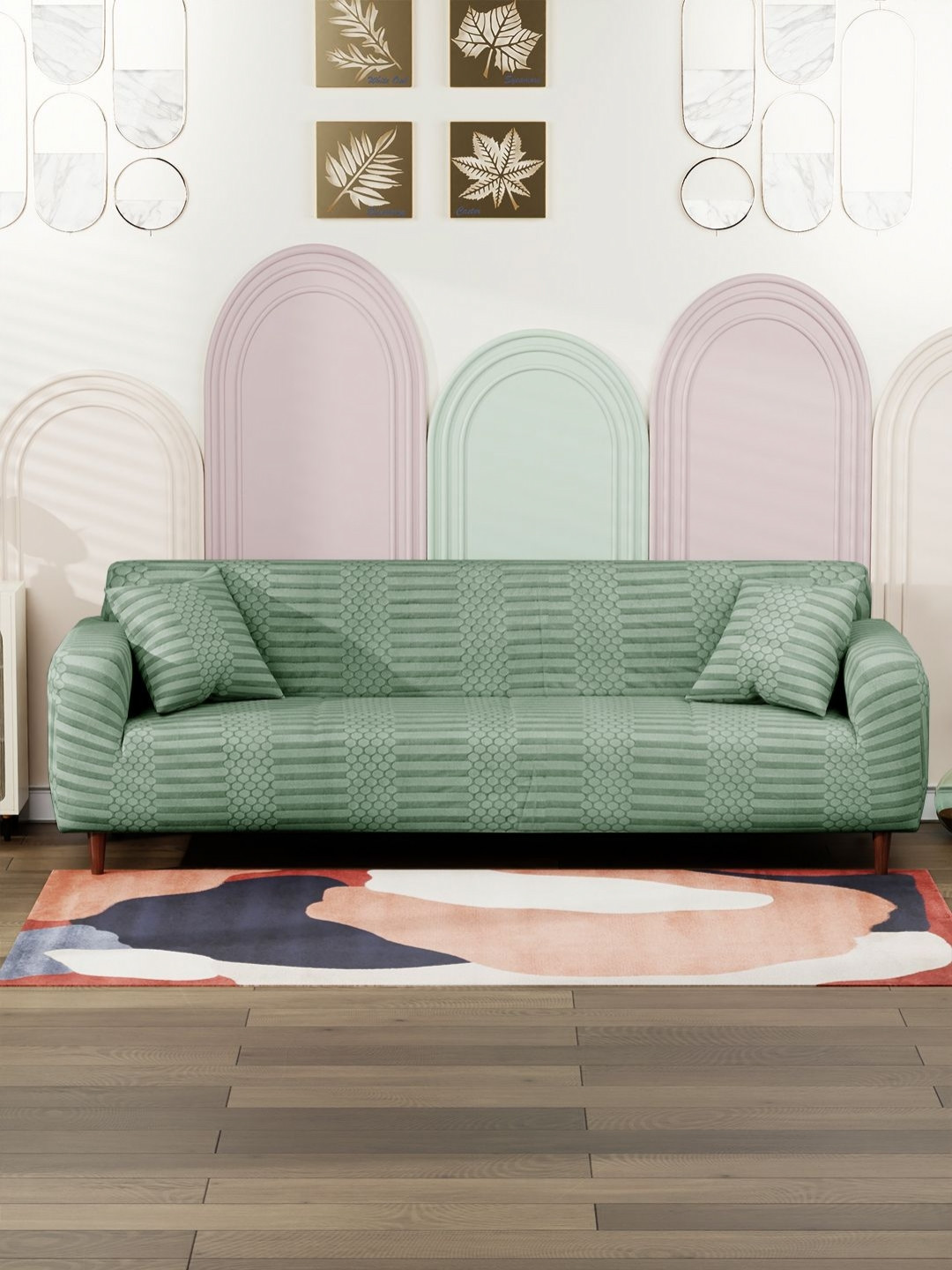 Myntra Elegant Homes Green Dotted Stripe 4 Seater Jacquard Sofa Cover & 2 Cushion Covers